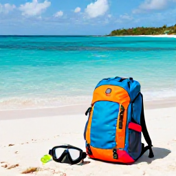 Caribbean Holidays, Bahamas Backpacking, Colourful backpack and snorkelling gear beside clear turquoise water and a sandy beach on a Bahamian island