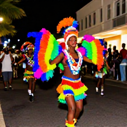 Caribbean Holidays, Bahamas Backpacking, Colourful Junkanoo dancers and musicians parading through a Nassau street at night, with bright costumes and festive lights