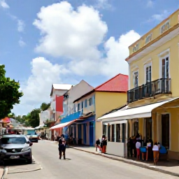 Caribbean Holidays, Bahamas Backpacking, Colourful Nassau street with colonial buildings, local shops and backpackers exploring in warm April sunshine