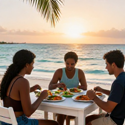 Caribbean Holidays, Bahamas Backpacking, Friendly backpackers eating fresh Bahamian food at a casual outdoor table beside the sea at sunset
