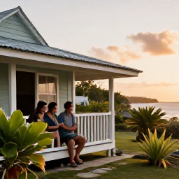 Caribbean Holidays, Bahamas Backpacking, Friendly backpackers relaxing at a modest Bahamian guesthouse veranda at sunset with tropical plants and island scenery