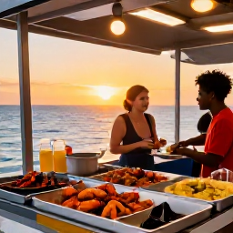 Caribbean Holidays, Bahamas Backpacking, Friendly Bahamian street food stall serving fresh seafood and local dishes at sunset