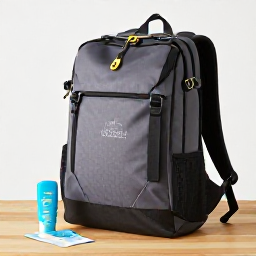 Caribbean Holidays, Bahamas Backpacking, Lightly packed backpack, reef-safe sunscreen and ferry ticket arranged on a wooden table for a Bahamas trip
