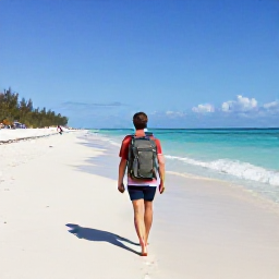 Caribbean Holidays, Bahamas Backpacking May, A backpacker with a small rucksack walking along a quiet white-sand beach in The Bahamas beneath bright May sunshine