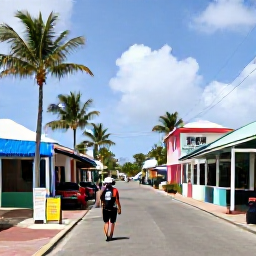 Caribbean Holidays, Bahamas Backpacking May, A colourful Bahamian street in Nassau with local shops, palm trees and a backpacking traveller exploring on foot