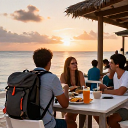 Caribbean Holidays, Bahamas Backpacking May, A friendly outdoor island caf&eacute; at sunset in The Bahamas, with a backpack, local food and travellers relaxing nearby