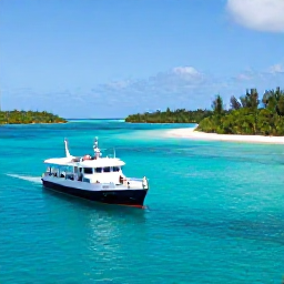 Caribbean Holidays, Bahamas Backpacking May, A small island ferry crossing clear turquoise water between green Bahamian islands, with a backpacker on deck