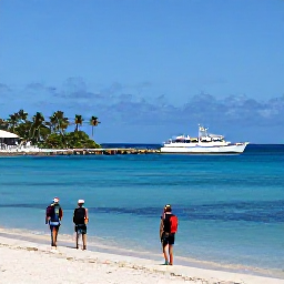 Caribbean Holidays, Bahamas Backpacking, Small ferry arriving at a peaceful Bahamian island harbour with backpackers, palm trees and clear blue water