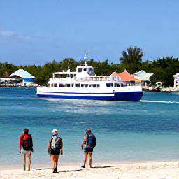 Caribbean Holidays, Bahamas Backpacking, Small inter-island ferry approaching a sunny harbour in the Bahamas, with backpackers and colourful houses nearby
