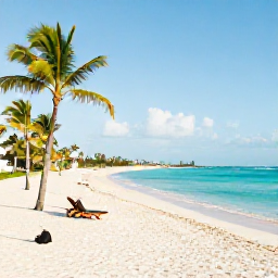 Caribbean Holidays, Bahamas Beach Holidays, A bright June morning on a quiet white-sand beach in Nassau, Bahamas, with turquoise water, palm trees and a few sun loungers