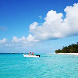 Caribbean Holidays, Bahamas Beach Holidays, A couple enjoying a small boat trip through calm turquoise waters around the Bahamian islands, with bright sky and scattered clouds
