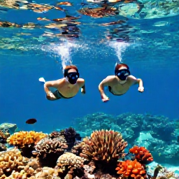 Caribbean Holidays, Bahamas Beach Holidays, A couple snorkelling above a colourful coral reef in the clear Bahamian sea, with tropical fish and sunlight beneath the surface