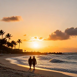 Caribbean Holidays, Bahamas Beach Holidays, A couple walking along a Bahamian beach at sunset, gentle waves, warm golden light and palm silhouettes