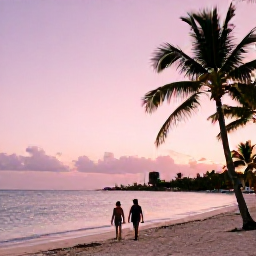 Caribbean Holidays, Bahamas Beach Holidays, A couple walking along a deserted Bahamian beach at sunset, with pink sky, calm sea and palm silhouettes