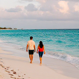 Caribbean Holidays, Bahamas Beach Holidays, A couple walking along a peaceful Bahamian beach in March, with turquoise sea, pale sand and a warm golden evening light