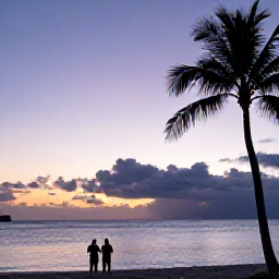 Caribbean Holidays, Bahamas Beach Holidays, A couple watching the sunset from a Bahamian beach, calm sea, pastel sky and palm silhouettes