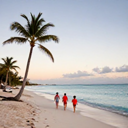 Caribbean Holidays, Bahamas Beach Holidays, A family walking along a peaceful Bahamian beach at sunrise, with palm trees, pale sand and calm blue water