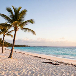 Caribbean Holidays, Bahamas Beach Holidays, A quiet white-sand beach in the Bahamas in November, turquoise sea, palm trees and soft morning sunlight