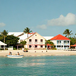 Caribbean Holidays, Bahamas Beach Holidays, A relaxed Bahamian waterfront with pastel buildings, palm trees, small boats and visitors enjoying an April afternoon