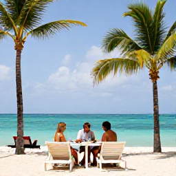 Caribbean Holidays, Bahamas Beach Holidays, A relaxed beachfront resort in Nassau with sun loungers, palm trees, turquoise sea and guests enjoying an informal lunch nearby