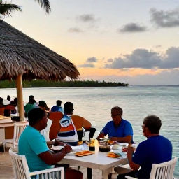 Caribbean Holidays, Bahamas Beach Holidays, A relaxed beachfront restaurant in The Bahamas serving fresh seafood at sunset, with diners overlooking calm turquoise water