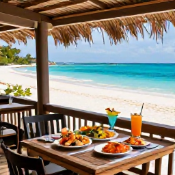 Caribbean Holidays, Bahamas Beach Holidays, A shaded beachfront restaurant in the Bahamas serving fresh seafood and tropical drinks beside a sandy shore at lunchtime