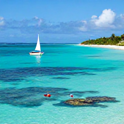 Caribbean Holidays, Bahamas Beach Holidays, A small boat sailing across bright turquoise Bahamian water near a quiet island beach, with snorkellers exploring a coral reef