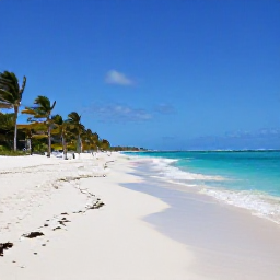 Caribbean Holidays, Bahamas Beach Holidays, A wide, quiet white-sand beach in the Bahamas in April, bright turquoise sea, palm trees and a clear blue sky