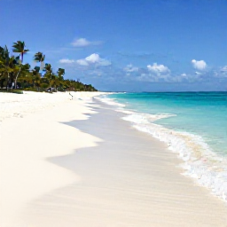 Caribbean Holidays, Bahamas Beach Holidays, A wide white-sand beach in The Bahamas with clear turquoise water, gentle waves and a few palm trees under bright sunshine