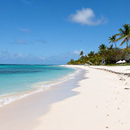 Caribbean Holidays, Bahamas Beach Holidays, A wide white-sand beach in the Bahamas with clear turquoise water, gentle waves, palm trees and bright March sunshine