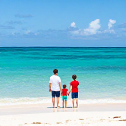 Caribbean Holidays, Bahamas Beach Holidays, Family enjoying shallow clear water and soft white sand on a Bahamas beach in July