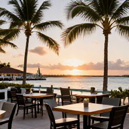 Caribbean Holidays, Bahamas Beach Holidays, Outdoor waterfront restaurant in Nassau, Bahamas, serving fresh seafood at sunset with palm trees and a relaxed holiday atmosphere