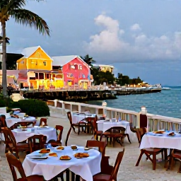 Caribbean Holidays, Bahamas Beach Holidays, Relaxed Bahamian waterfront evening with outdoor tables, local food and colourful buildings