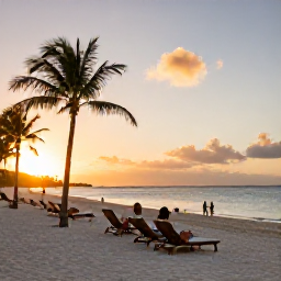 Caribbean Holidays, Bahamas Beach Holidays, Relaxed beachfront resort in The Bahamas at sunset, with palm trees, loungers and guests enjoying a December holiday