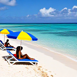 Caribbean Holidays, Bahamas Beach Holidays, Travellers relaxing on a beautiful Bahamian beach in March, with sun loungers, clear shallow water and colourful umbrellas