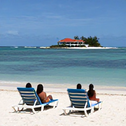 Caribbean Holidays, Bahamas Beach Holidays, Travellers relaxing on a beautiful Bahamian beach, sun loungers, calm shallow water and a small island resort in the background