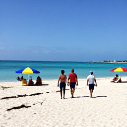 Caribbean Holidays, Bahamas Beach Holidays, Travellers walking along Cable Beach in Nassau, Bahamas, with calm blue water and colourful beach umbrellas