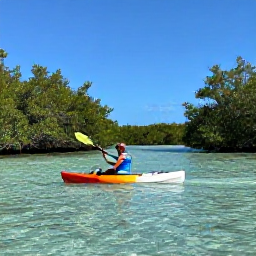 Caribbean Holidays, Bahamas Beach Holidays, Visitor kayaking through clear shallow water near mangroves in The Bahamas on a sunny December day