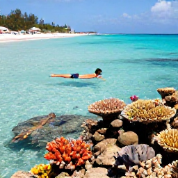 Caribbean Holidays, Bahamas Beach Holidays, Visitors swimming and snorkelling above colourful coral and tropical fish in crystal-clear Bahamian water near a sandy beach