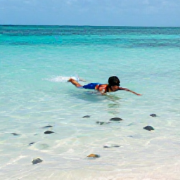 Caribbean Holidays, Bahamas Beach Holidays, Visitors swimming and snorkelling in clear shallow Bahamian water beside a sandy beach, colourful fish visible beneath the surface