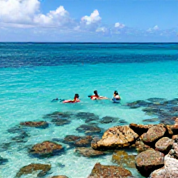 Caribbean Holidays, Bahamas Beach Holidays, Visitors swimming and snorkelling in clear shallow turquoise water beside a colourful coral reef in the Bahamas