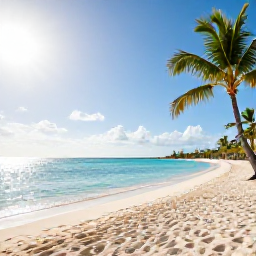 Caribbean Holidays, Bahamas Beach Holidays, White sandy beach in Nassau, The Bahamas, with calm turquoise water, palm trees and warm December sunshine