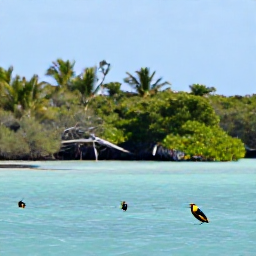 Caribbean Holidays, Bahamas Birdwatching, A bright morning birdwatching scene in the Bahamas, with a quiet mangrove wetland, turquoise water and native birds in the foreground