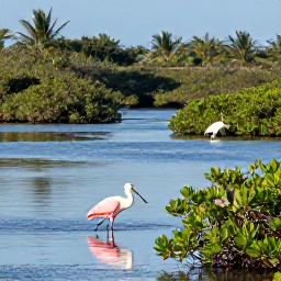 Caribbean Holidays, Bahamas Birdwatching, A bright November morning over a quiet Bahamian wetland, with roseate spoonbills, herons and egrets among mangroves