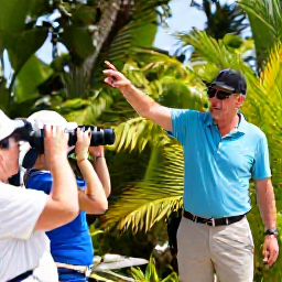 Caribbean Holidays, Bahamas Birdwatching, A friendly local bird guide pointing towards birds in a Bahamian nature reserve while visitors watch with binoculars