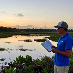 Caribbean Holidays, Bahamas Birdwatching, A friendly local birdwatching guide showing a field guide to travellers beside a Bahamian wetland at sunrise