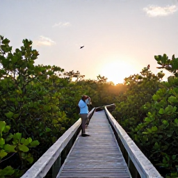 Caribbean Holidays, Bahamas Birdwatching, A quiet mangrove wetland in The Bahamas at sunrise, with birdwatchers using binoculars along a wooden boardwalk