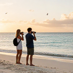 Caribbean Holidays, Bahamas Birdwatching, A relaxed couple watching birds beside a quiet Bahamian beach at sunset, binoculars in hand and calm turquoise sea behind them