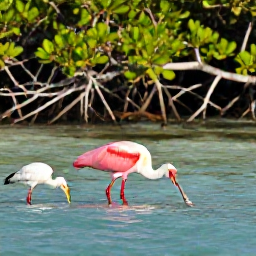 Caribbean Holidays, Bahamas Birdwatching, A roseate spoonbill and white ibis feeding in shallow turquoise water among mangroves in The Bahamas, warm July light