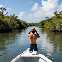 Caribbean Holidays, Bahamas Birdwatching, A small guided boat moving through calm mangrove channels in The Bahamas, with a birdwatcher observing wading birds from the boat